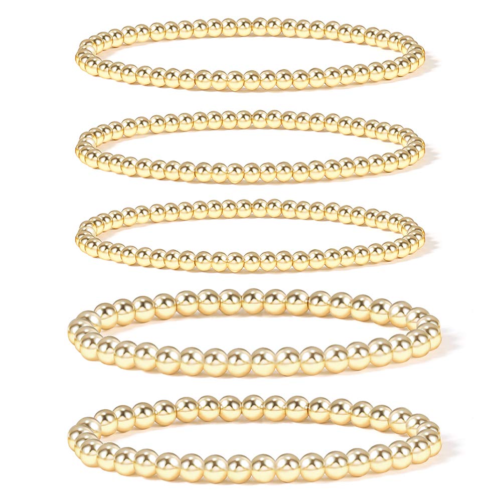 Badu Gold Plate Bead Bracelet for Women 14K Gold Plated Bead Ball Bracelet Stretchable Elastic Hypoallergenic Bohemian Stackable